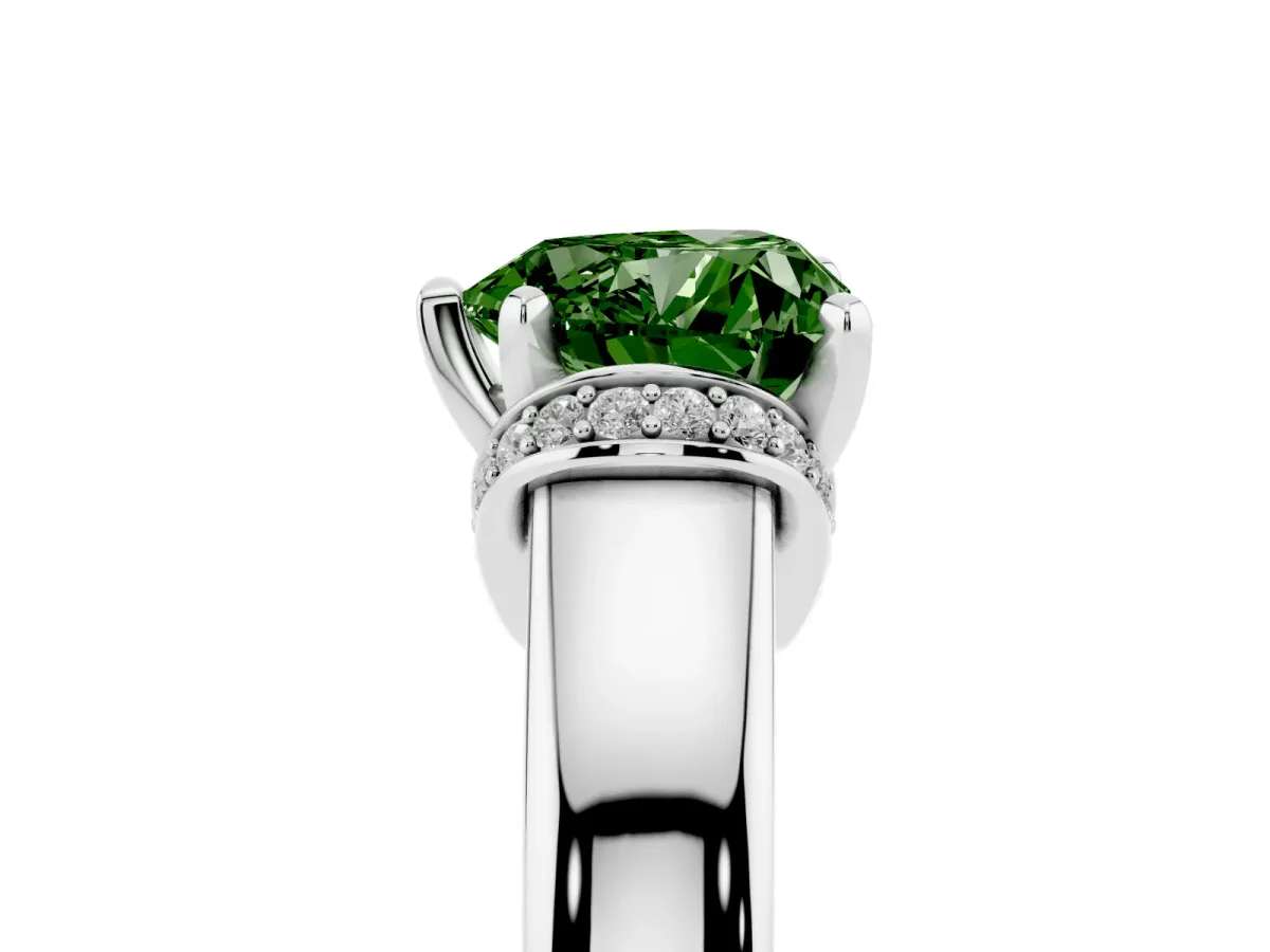 Fancy Green Heart Cut Solitaire Diamond Ring with Pave Band and Six-Prong Setting Platinum