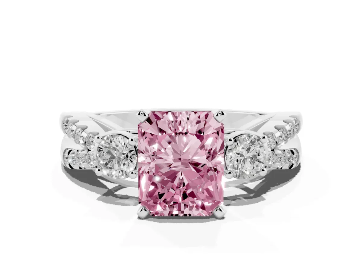 Fancy Pink Radiant Cut Diamond Three-Stone Ring with Pavé Split Shank and Four-Prong Setting Silver