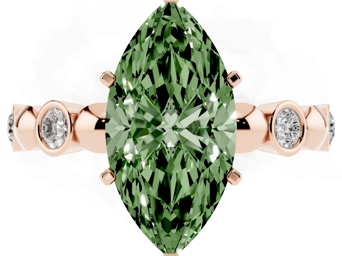 Fancy Green Marquise Cut Solitaire Bezel-Set Diamond Ring with Beaded Band and Four-Prong Setting Rose gold