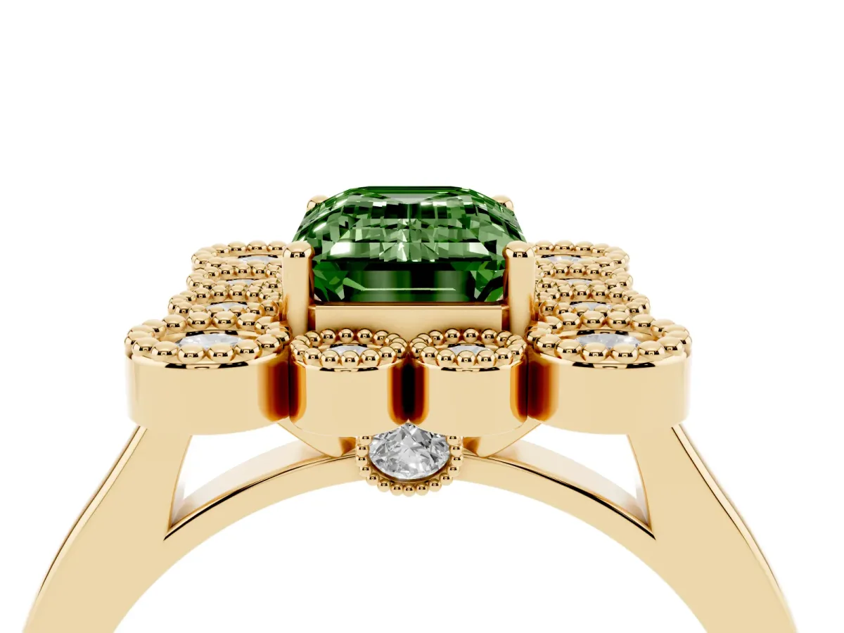 Fancy Green Emerald Cut Halo Diamond Cluster Engagement Ring with Milgrain Bezel Setting and Solitaire Band Yellow gold