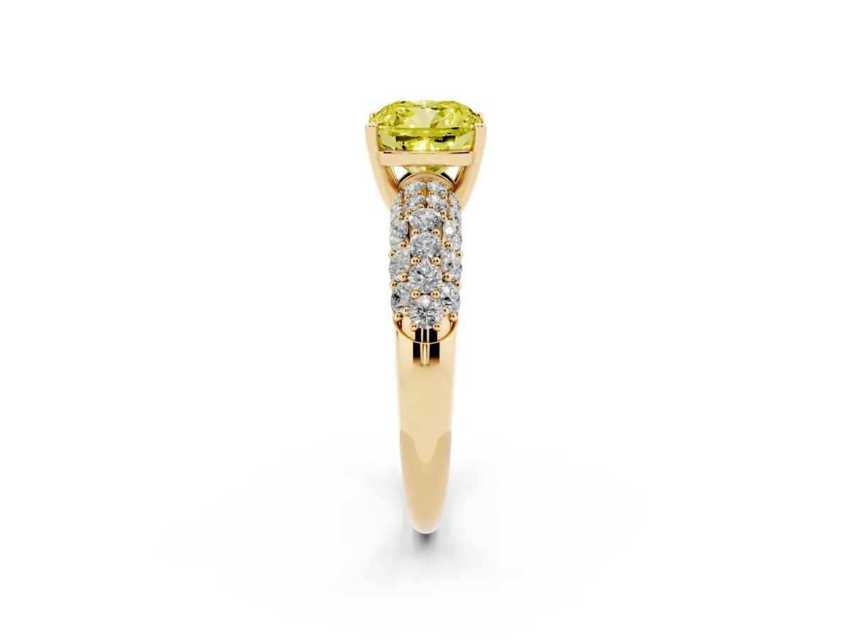 Fancy Yellow Cushion Cut Diamond Pavé Band Solitaire Ring with Four-Prong Setting Yellow gold
