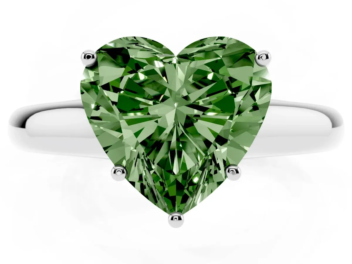 Fancy Green Heart Cut Cut Diamond Solitaire Engagement Ring with Tapered Plain Band and Four-Prong Setting Silver