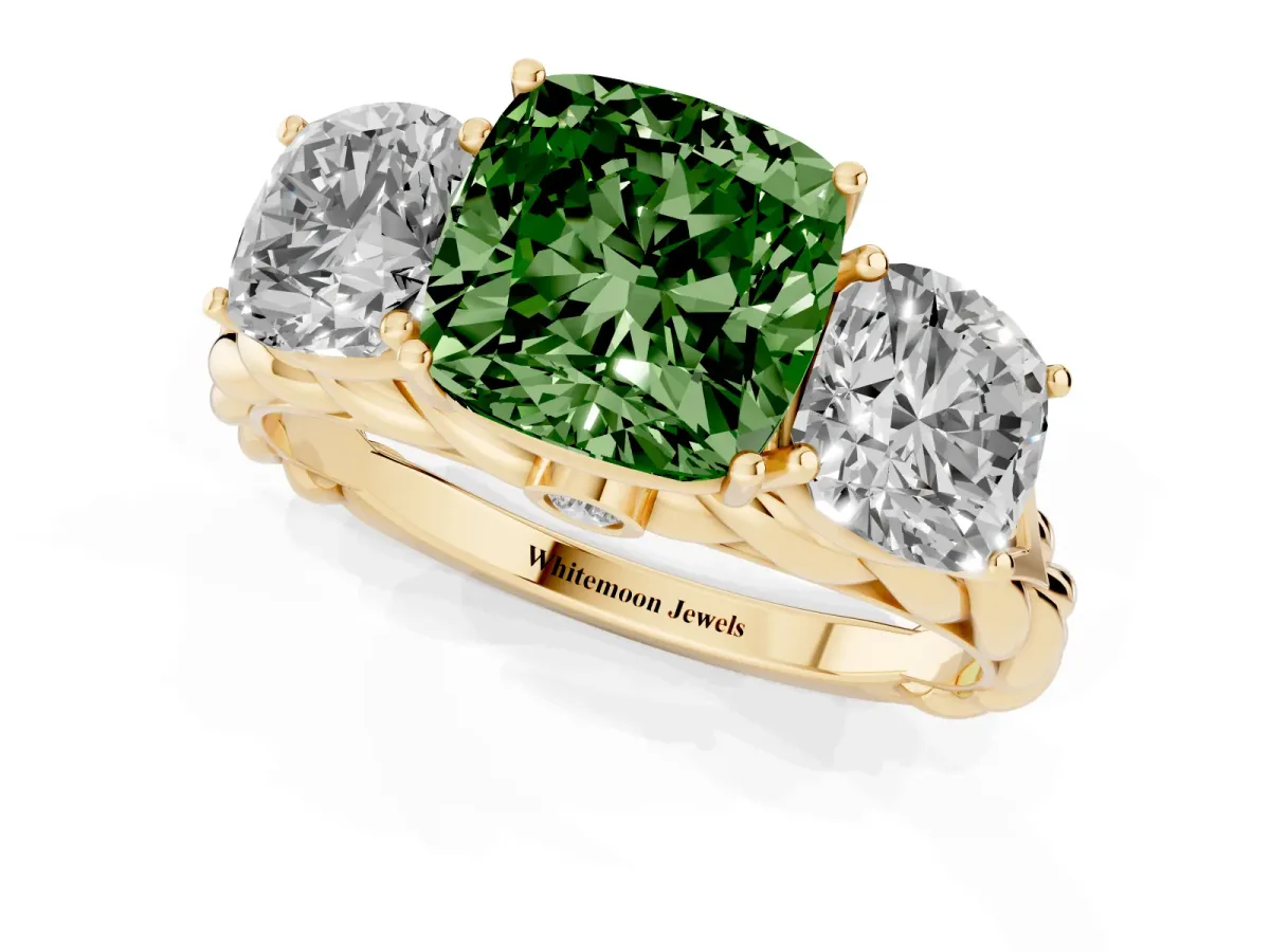 Fancy Green Three-Stone Cushion Cut Diamond Braided Band Ring with Four-Prong Setting Yellow gold
