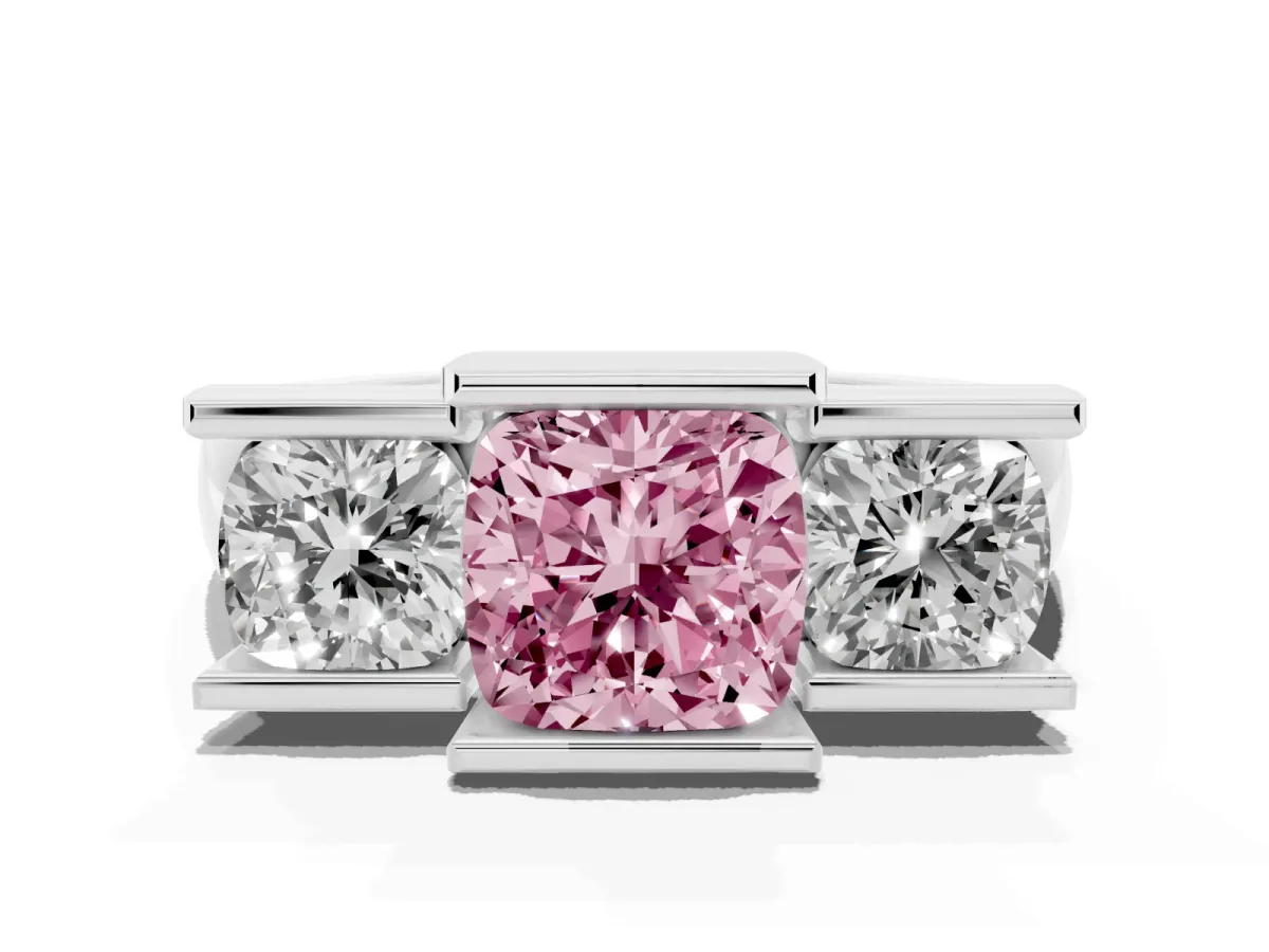 Fancy Pink Three Stone Cushion Cut Cut Channel Set Diamond Ring Platinum
