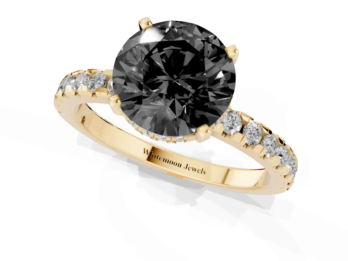 Fancy Black Round Cut Diamond Solitaire Ring with Round Pavé Band and Four-Prong Setting Yellow gold