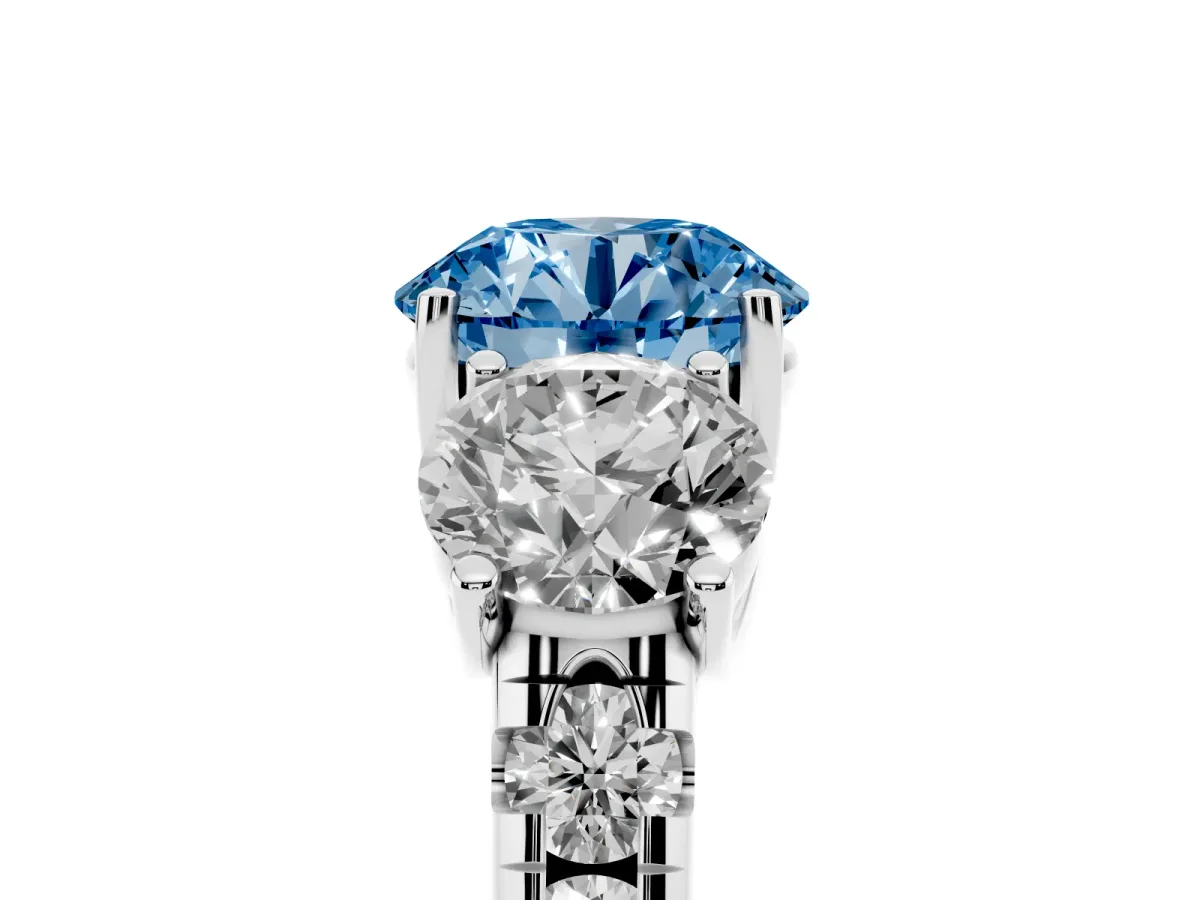 Fancy Blue Three-Stone Round Cut Diamond Pavé Band with Prong Setting Platinum