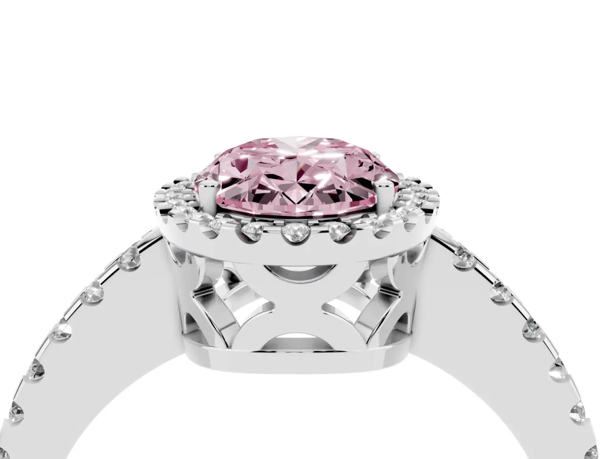 Fancy Pink Oval Cut Diamond Halo Engagement Ring with Pavé Band and Prong Setting Platinum