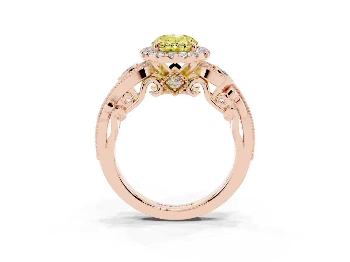 Fancy Yellow Oval Cut Halo Diamond Ring with Milgrain and Bezel Accents on a Split Shank Band Rose gold