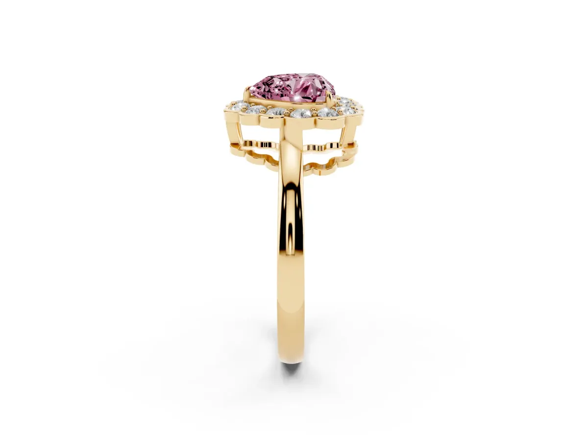Fancy Pink Heart Cut Halo Cluster Diamond Engagement Ring with Solitaire Band and Prong Setting Yellow gold