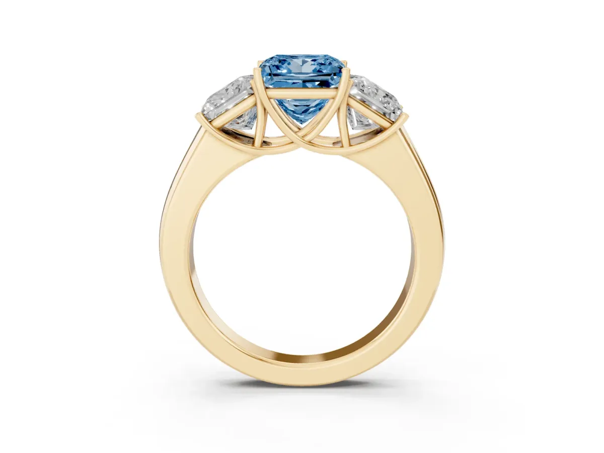 Fancy Blue Three-Stone Princess Cut Cut Diamond Ring with Prong Setting and Classic Band Yellow gold