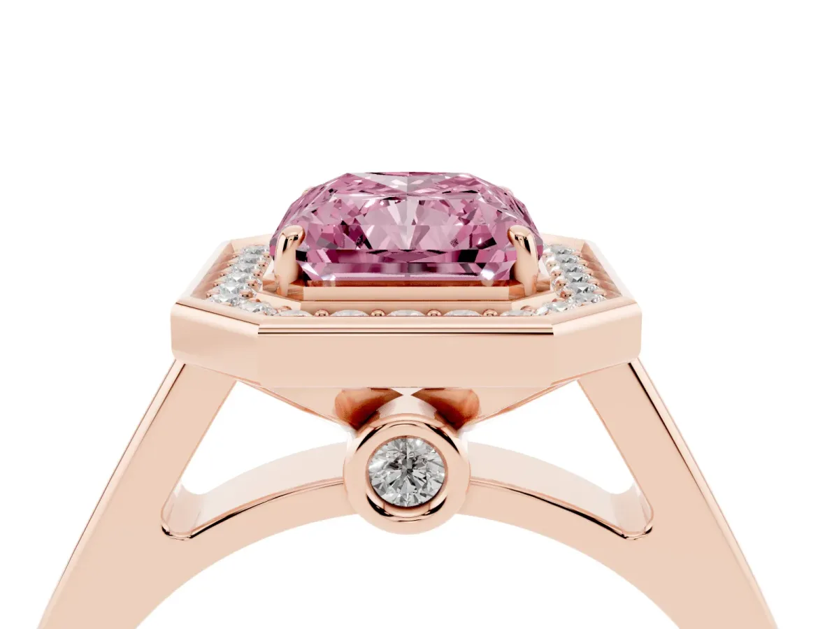 Fancy Pink Radiant Cut Halo Solitaire Diamond Ring with Pave Band and Bezel Setting Rose gold