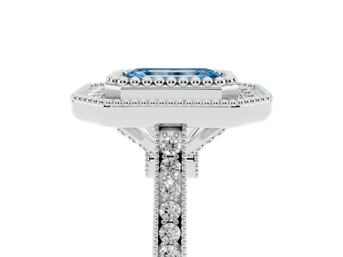Fancy Blue Emerald Cut Diamond Halo Ring with Milgrain Frame and Pavé Band Silver
