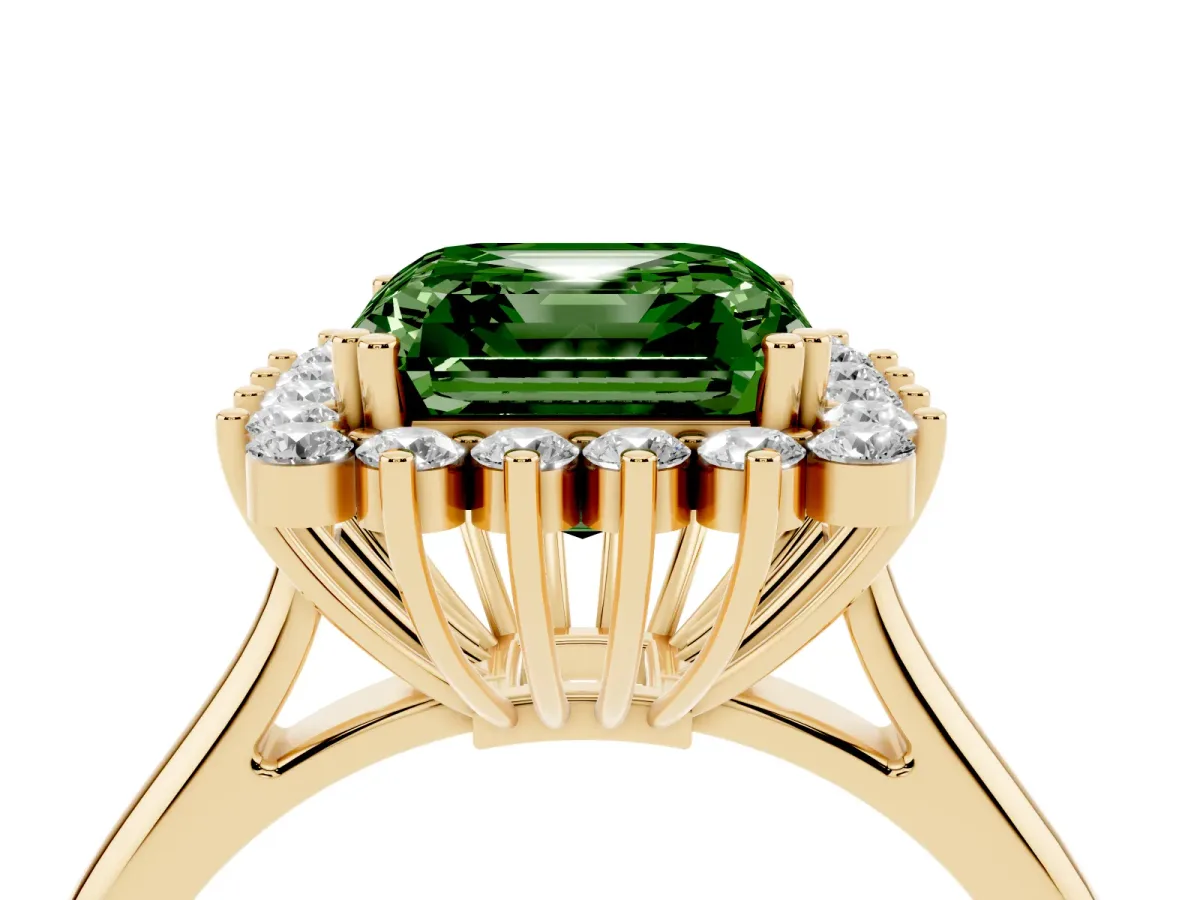 Fancy Green Asscher Cut Cut Diamond Halo Ring with Solitaire Band and Prong Setting Yellow gold