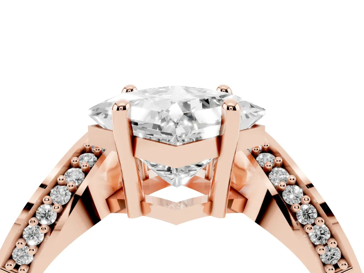Princess Cut Solitaire Diamond Engagement Ring with Pave Band and Four-Prong Setting Rose gold