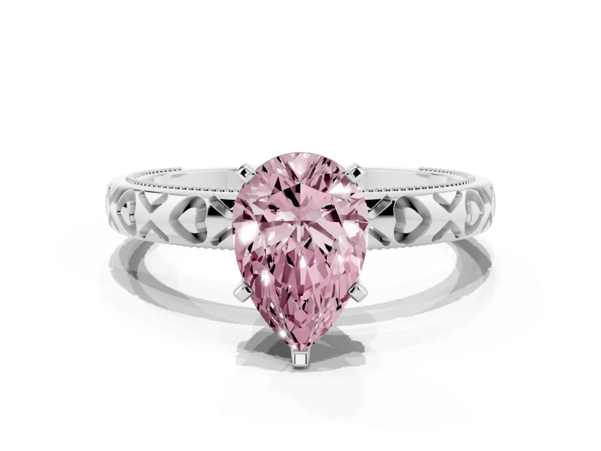 Fancy Pink Pear Cut Solitaire Diamond Engagement Ring with XO Engraved Band and Four-Prong Setting White gold