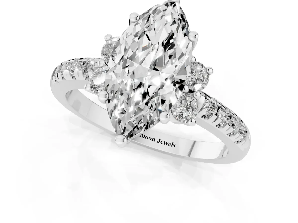 Marquise Cut Diamond Three-Stone Pave Band with Four-Prong Setting White gold