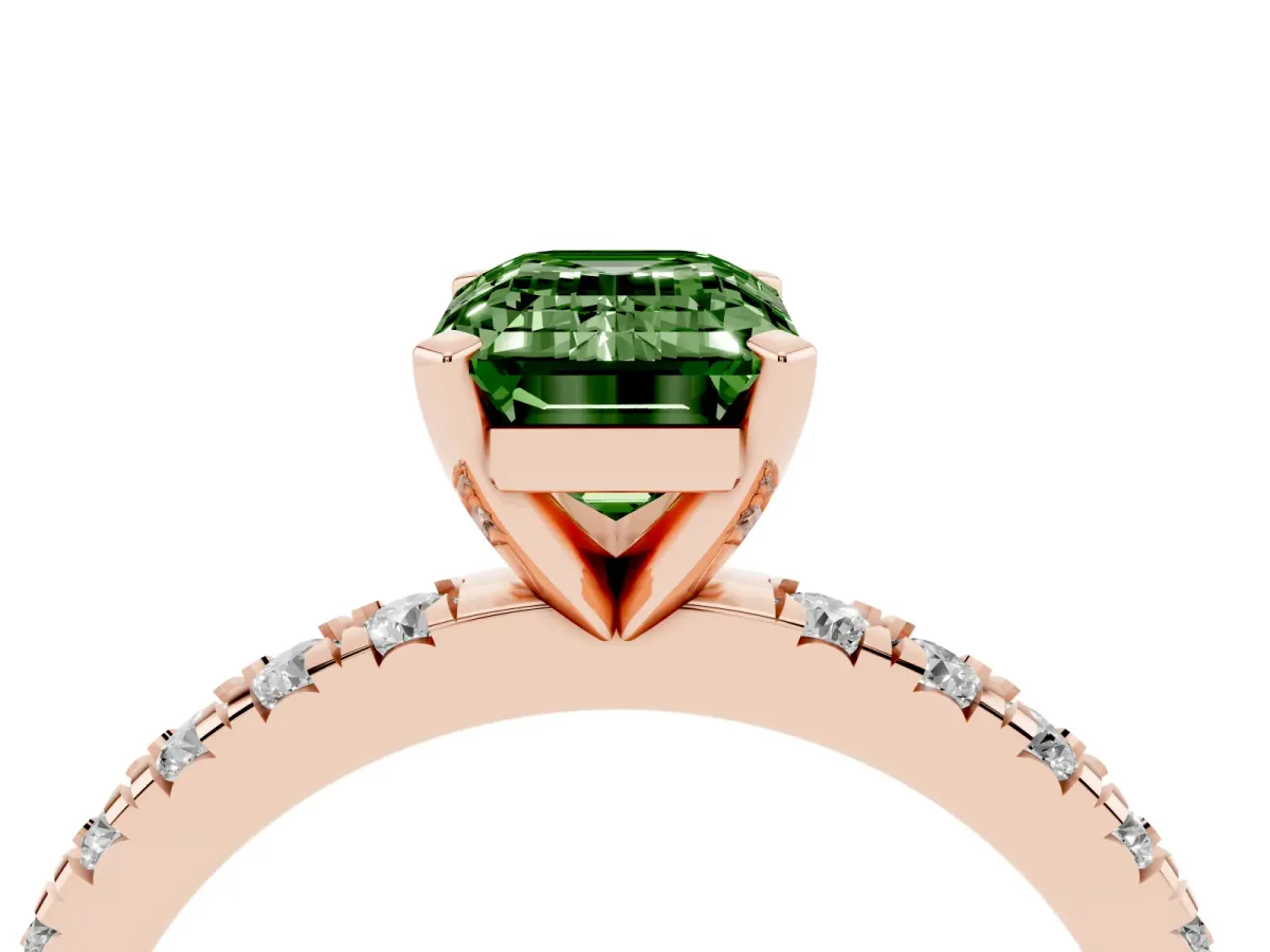 Fancy Green Emerald Cut Diamond Pavé Band Solitaire with Four-Prong Setting Rose gold