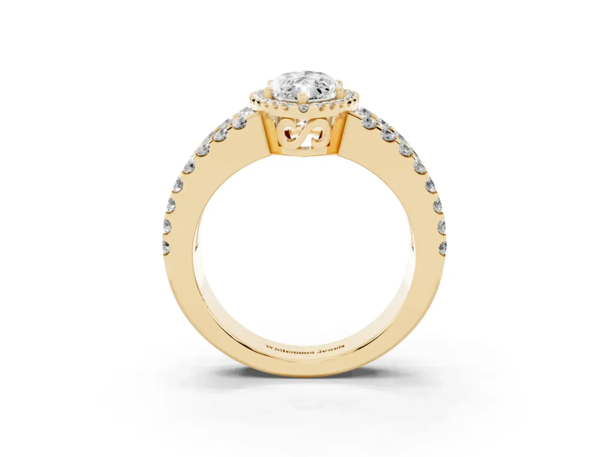 Marquise Cut Cut Halo Split Shank Diamond Ring with Four-Prong Setting Yellow gold