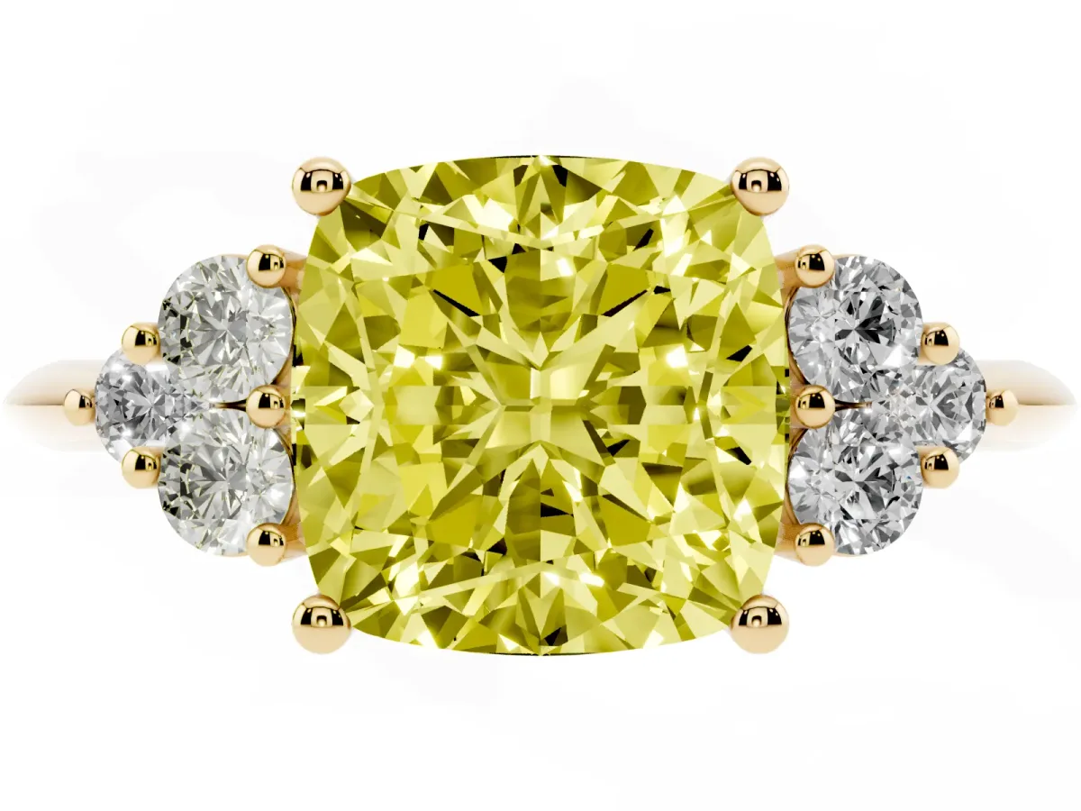 Fancy Yellow Cushion Cut Cut Diamond Cluster Ring with Solitaire Band and Four-Prong Setting Yellow gold