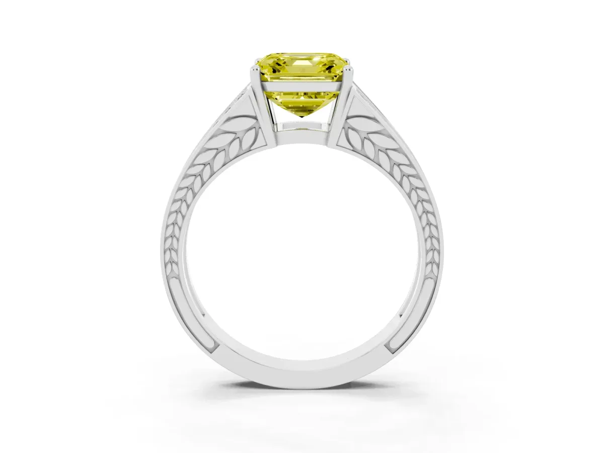Fancy Yellow Asscher Cut Diamond Split Shank Ring with Pavé Band and Four-Prong Setting White gold