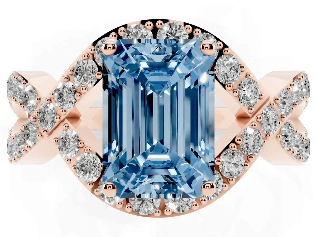 Fancy Blue Emerald Cut Solitaire Twist Band Pavé Diamond Engagement Ring Rose gold