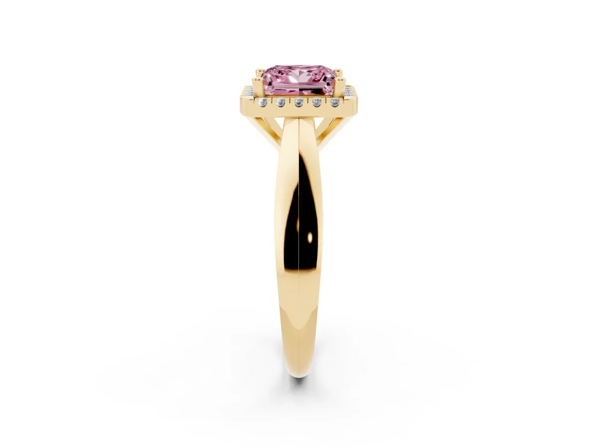 Fancy Pink Princess Cut Cut Halo Solitaire Engagement Ring with Square Band and Four-Prong Setting Yellow gold