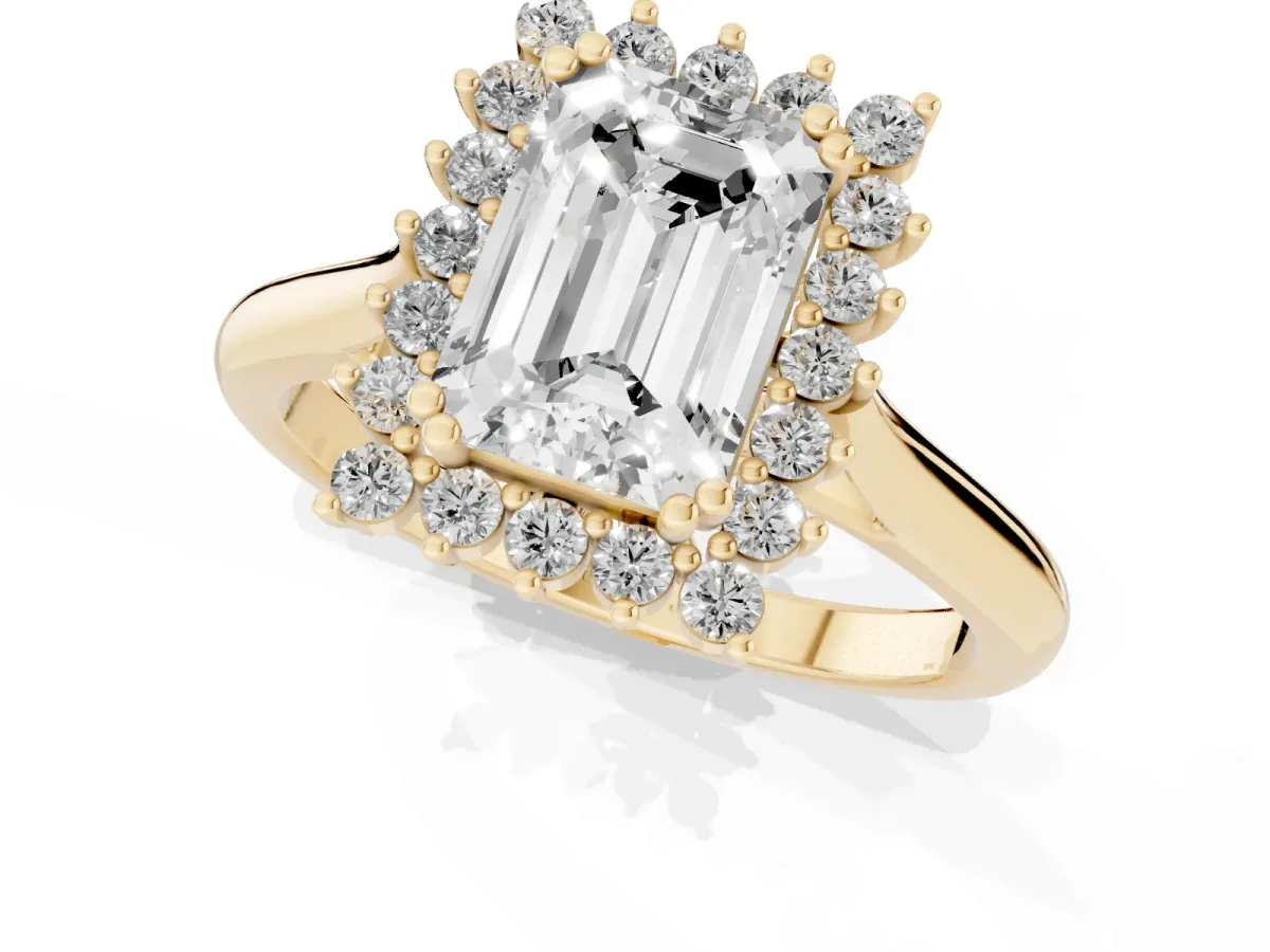 Emerald Cut Cut Diamond Halo Ring with Solitaire Band and Prong Setting Yellow gold