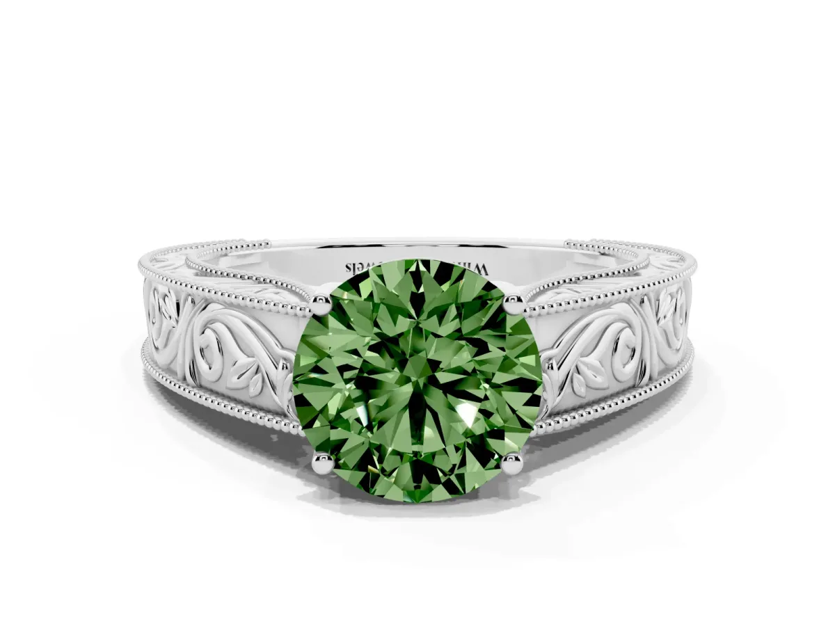 Fancy Green Round Cut Diamond Solitaire Ring with Engraved Band and Four-Prong Setting White gold