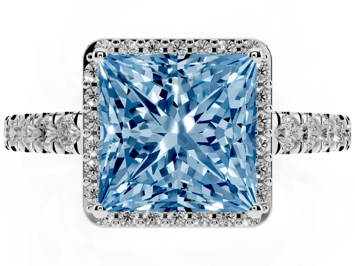 Fancy Blue Princess Cut Cut Halo Diamond Engagement Ring with Pave Band and Four-Prong Setting White gold