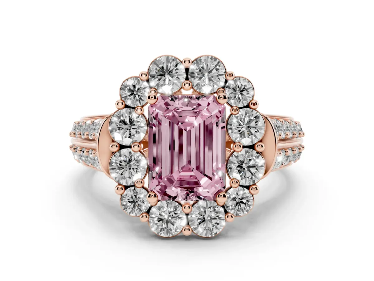 Fancy Pink Emerald Cut Halo Diamond Engagement Ring with Split Shank and Prong Setting Rose gold