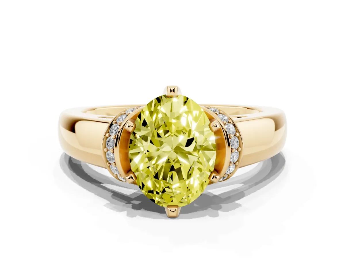 Fancy Yellow Oval Cut Solitaire Diamond Ring with Pave Band and Six-Prong Setting Yellow gold