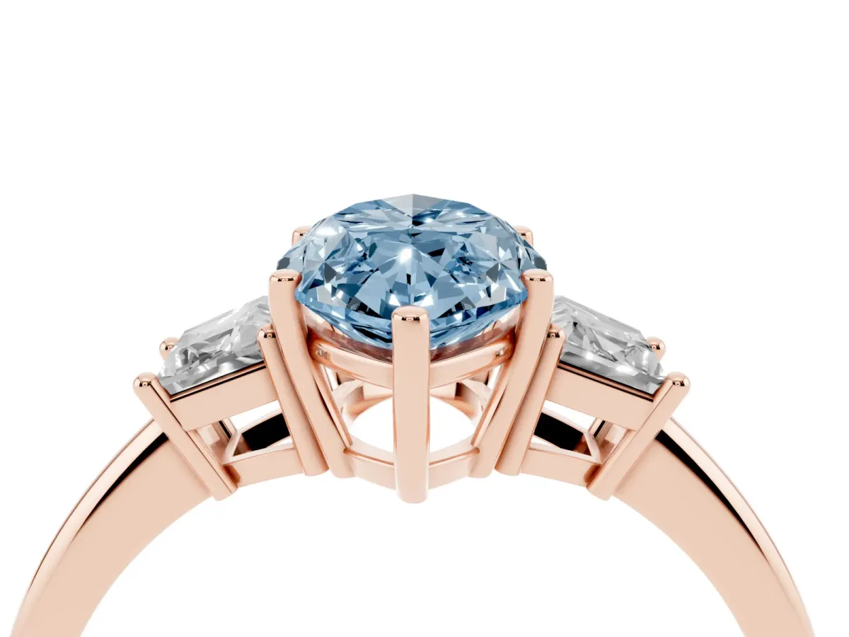 Fancy Blue Marquise Cut Diamond Three-Stone Ring with Trapezoid Side Stones and Prong Setting Rose gold