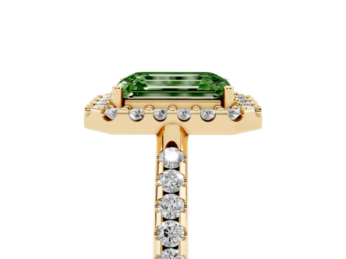 Fancy Green Emerald Cut Diamond Pavé Halo Ring with Four-Prong Setting Yellow gold