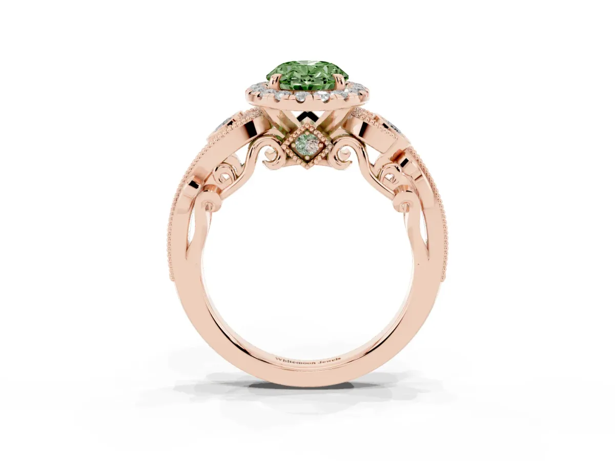 Fancy Green Oval Cut Diamond Halo Ring with Milgrain Pavé Band and Four-Prong Setting Rose gold