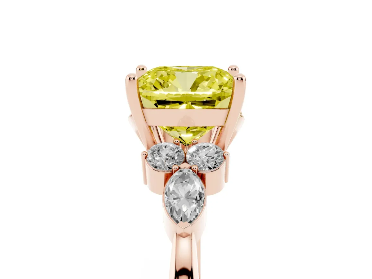 Fancy Yellow Cushion Cut Brilliant Diamond Solitaire Ring with Pear Side Stones and Four-Prong Setting Rose gold