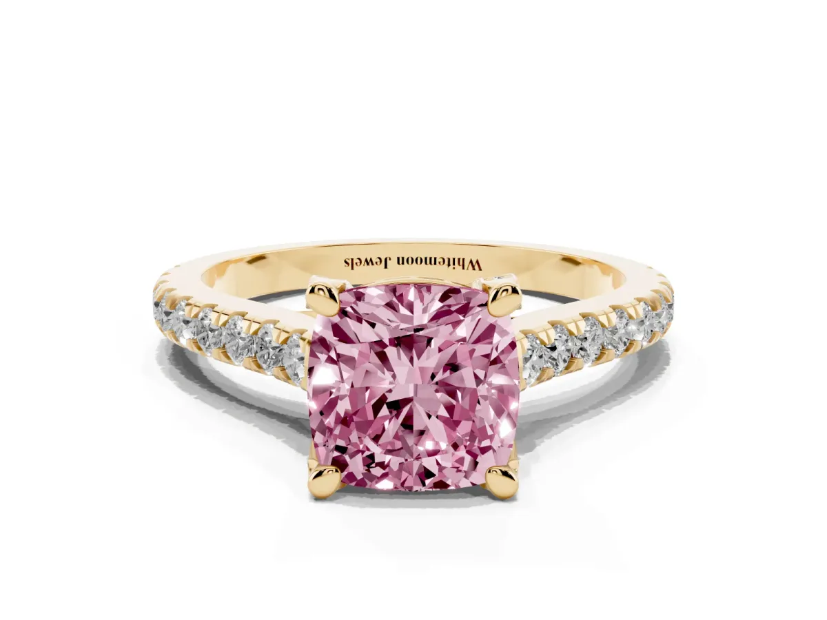 Fancy Pink Cushion Cut Brilliant Diamond Solitaire with Pavé Band and Four-Prong Setting Yellow gold