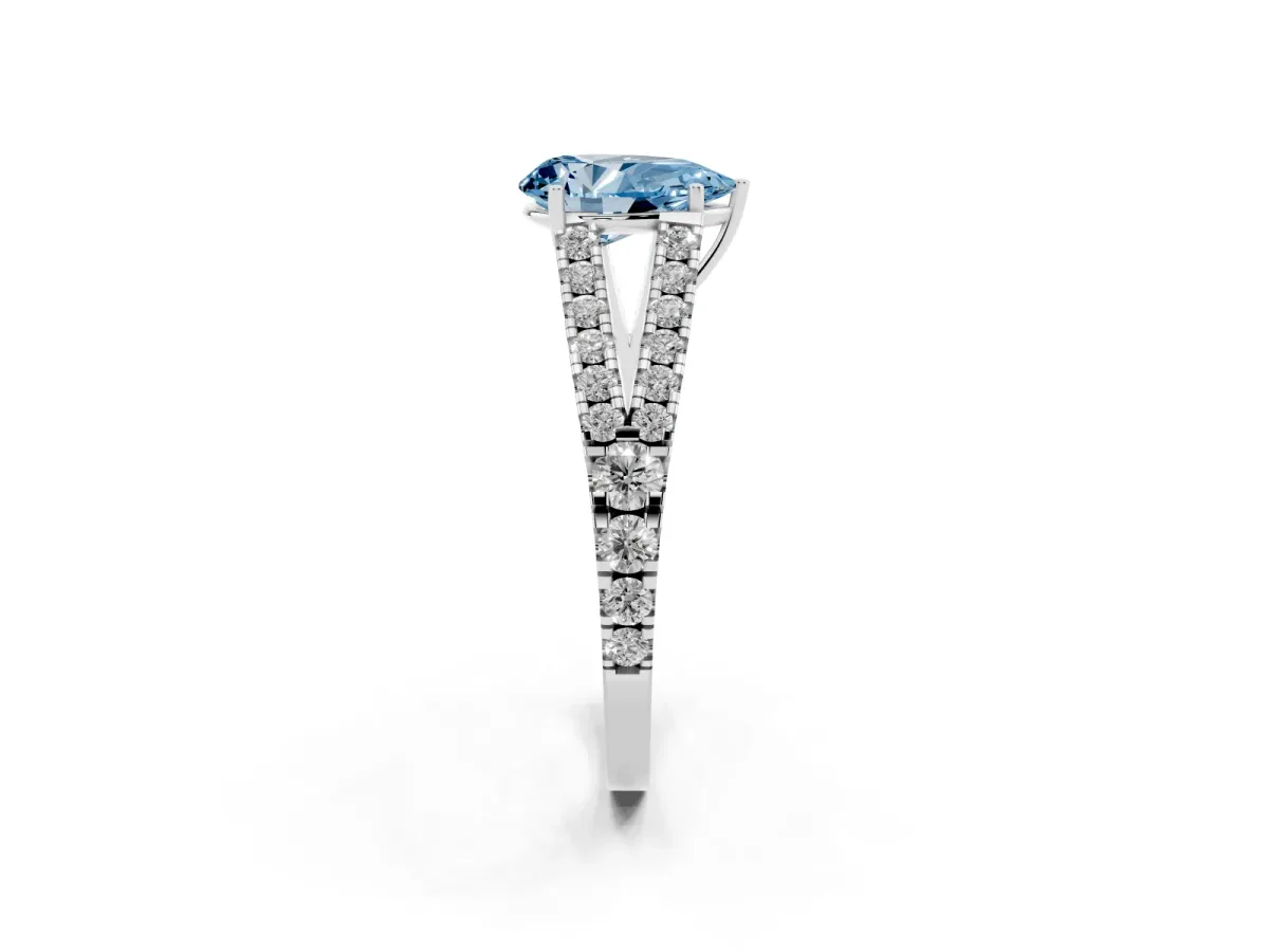 Fancy Blue Pear Cut Diamond Split Shank Pavé Engagement Ring with Four-Prong Setting White gold