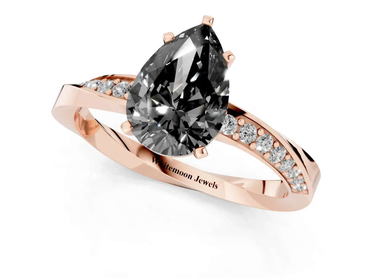 Fancy Black Pear Cut Diamond Engagement Ring with Side Stone Accents and Four-Prong Setting Rose gold