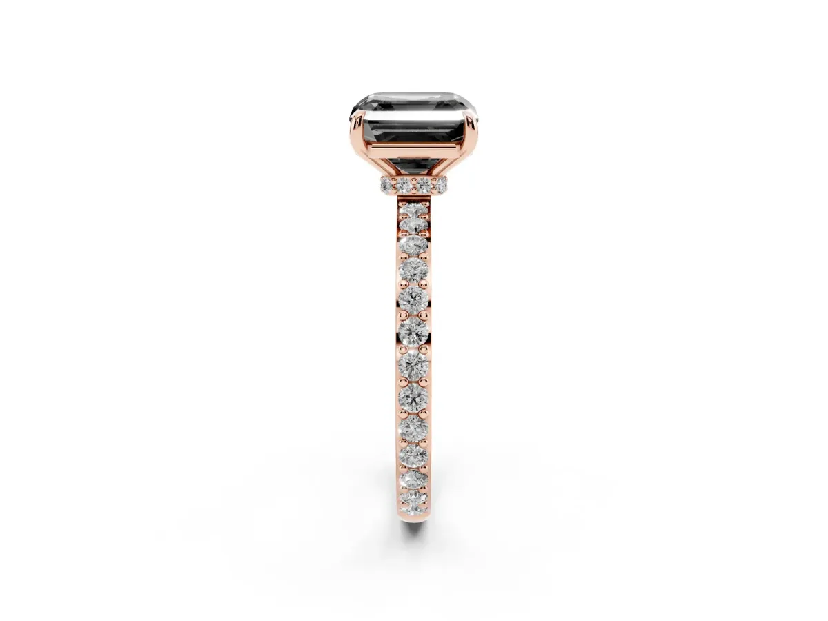 Fancy Black Asscher Cut Diamond Pavé Engagement Ring with Round Accents and Prong Setting Rose gold