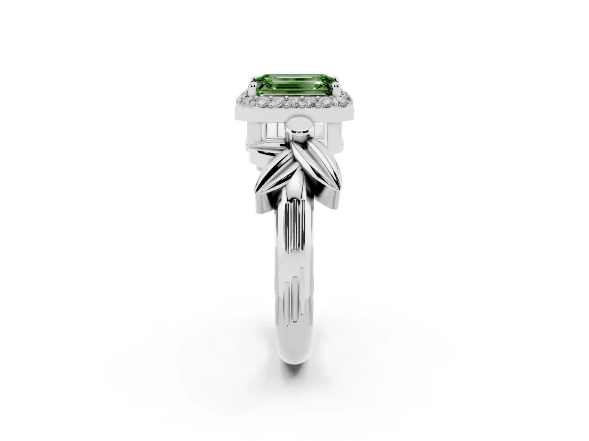 Fancy Green Emerald Cut Halo Diamond Floral Band with Four-Prong Setting Platinum