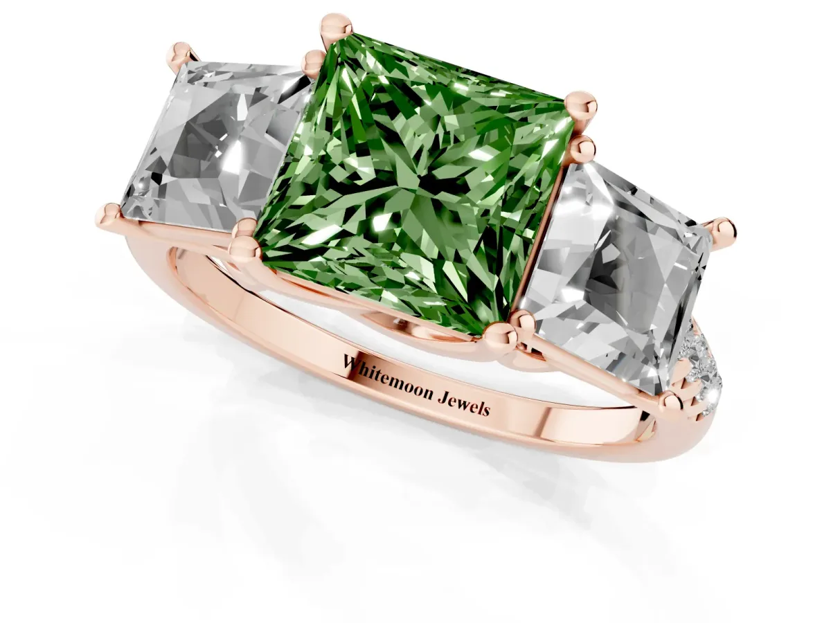 Fancy Green Three-Stone Princess Cut Diamond Ring with Round Pavé Band and Prong Setting Rose gold