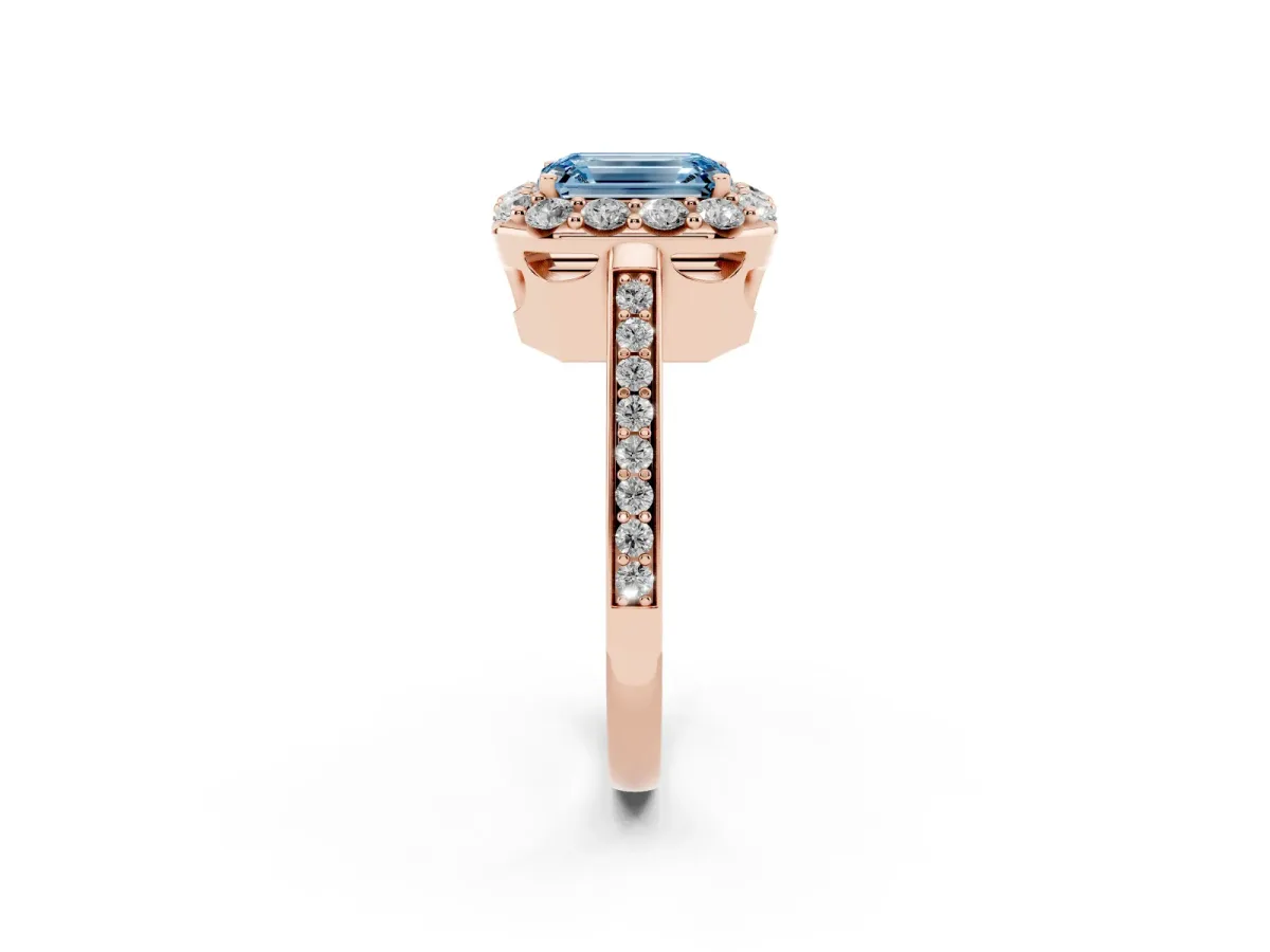 Fancy Blue Emerald Cut Diamond Floral Halo Ring with Pavé Band and Prong Setting Rose gold