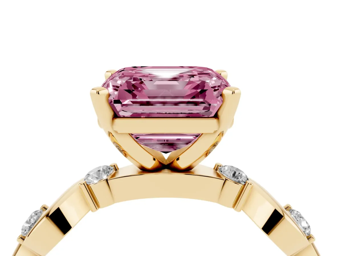 Fancy Pink Asscher Cut Diamond Solitaire Twisted Band with Round Accents and Prong Setting Yellow gold