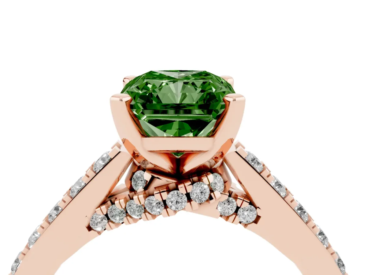 Fancy Green Radiant Cut Diamond Solitaire Ring with Crossover Gallery and Round Pavé Band Rose gold