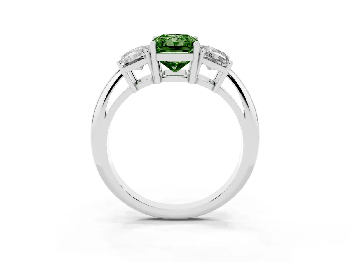 Fancy Green Three-Stone Radiant Cut Cut Diamond Engagement Ring with Prong Setting on a White Gold Band Silver