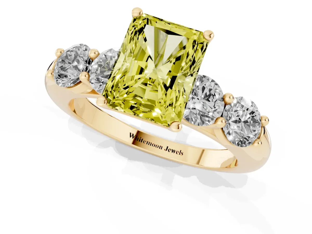 Fancy Yellow Radiant Cut Cut Five-Stone Prong Set Diamond Ring with Classic Band Yellow gold