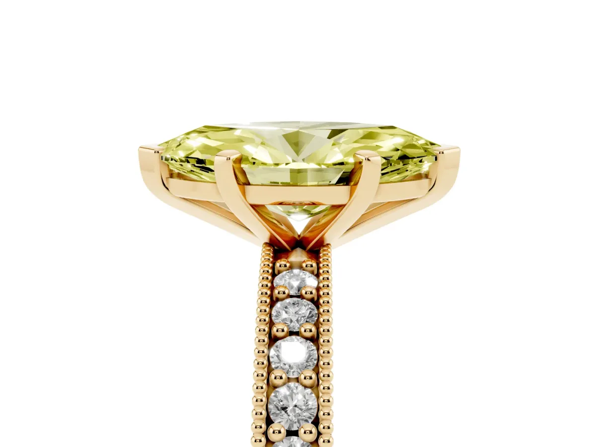 Fancy Yellow Marquise Cut Diamond Milgrain Pavé Engagement Ring with Four-Prong Setting Yellow gold
