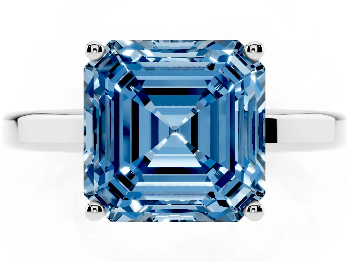 Fancy Blue Asscher Cut Cut Solitaire Engagement Ring with Four-Prong Setting on a Classic Band Silver