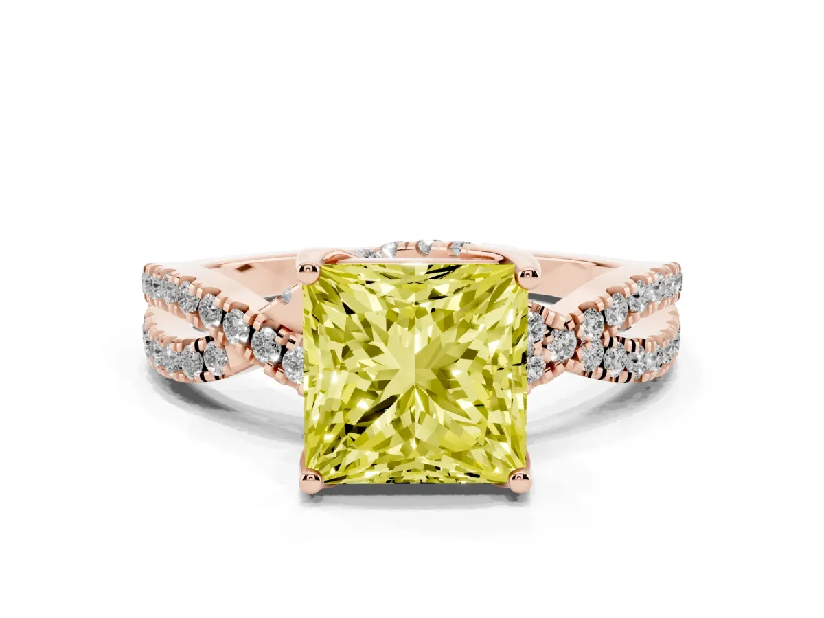 Fancy Yellow Princess Cut Solitaire Twist Pave Diamond Engagement Ring with Prong Setting Rose gold