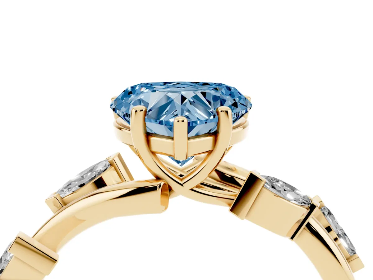 Fancy Blue Heart Cut Solitaire Twisted Band Marquise Accent Prong Setting Ring Yellow gold